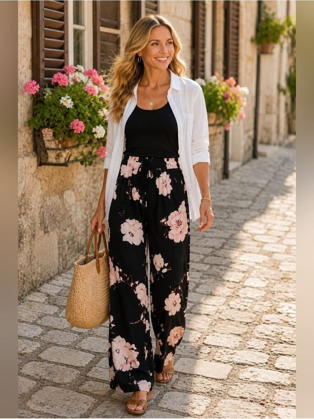 Romantic Floral Palazzo Pants Wide Leg Boho Resort Vacation Cottagecore Size L - Picture 9 of 15